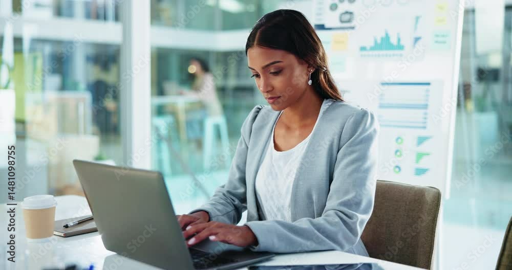 Poster laptop, typing and business woman with financial email, performance analytics and metrics online. re