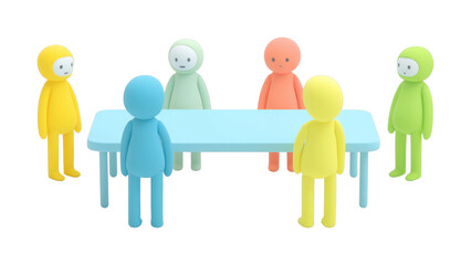 Fototapeta premium Colorful characters gather around table having a meeting, cut out - stock png.