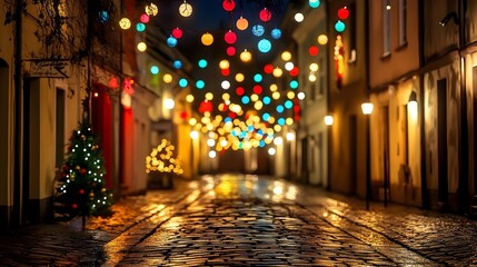 Charming Christmas Lights Illuminating Wet Cobblestone Alley at Night
