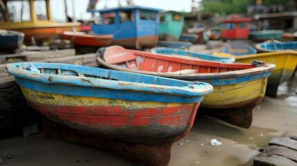 Obraz premium Colorful Wooden Fishing Boats Resting on Sandy Beach Shoreline