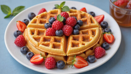 Luxurious Golden Hour Belgian Waffles with Fresh Berries, Maple Syrup & Whipped Cream, Gourmet Breakfast, Brunch Delight, Food Styling Perfection