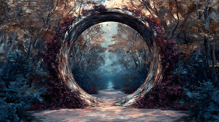 Enchanted mirror gateway to an ancient mystical forest, magical realms revealed. mirror realm explorers. illustration. [Mirrored Realms] | Binary Island | twin land. Illustration