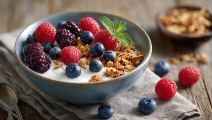 Healthy bowl of yogurt with berries and granola on wooden table.