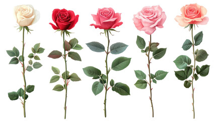 Collection of Pink, Red, and Cream Rose Stalks Isolated on Transparent Background

