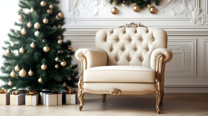 Elegant Armchair Beside Christmas Tree in Rustic Interior Setting