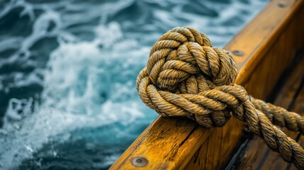 Fototapeta premium A close-up of a nautical rope knot on a wooden boat deck, with blurred ocean water in the background