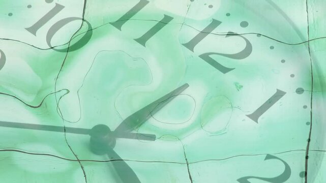 analog clock hands rotating over swirling mint teal abstract texture with thin black contour lines