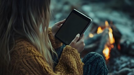 Woman Holding iPad by Cozy Fireplace in Winter Scene