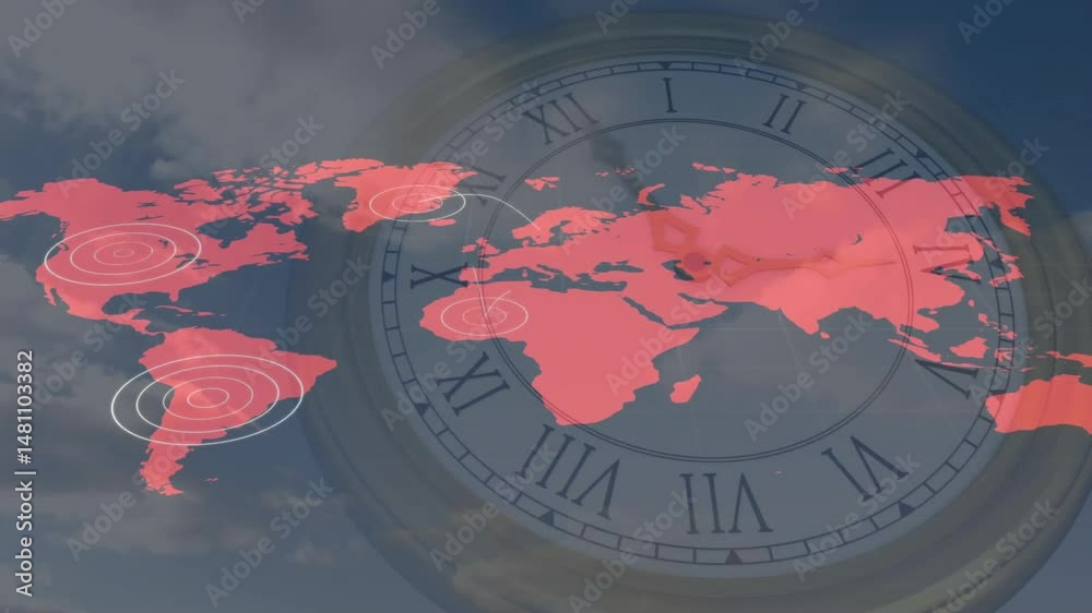 Poster red-tinted world map rotating with white concentric targets over translucent clock face with clouds