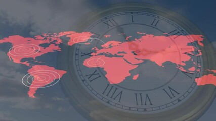 Red-tinted world map rotating with white concentric targets over translucent clock face with clouds - Powered by Adobe