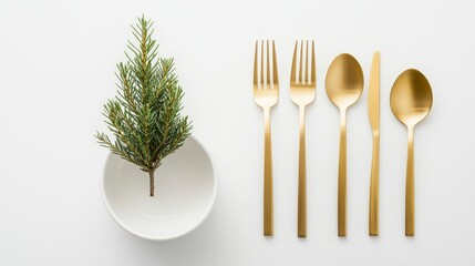 Festive gold cutlery set with a small fir branch in a bowl on a white background.