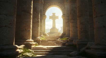Monumental stone cross at the end of long stairs ancient architecture