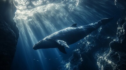Fototapeta premium Majestic whale underwater, sunbeams illuminate