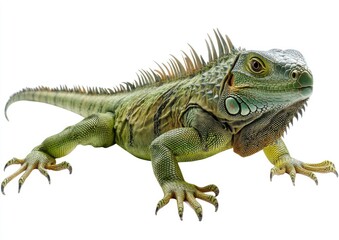 Obraz premium Green Iguana, profile view, against white background. Detailed scales and spiny crest evident. Reptile with long tail and strong legs