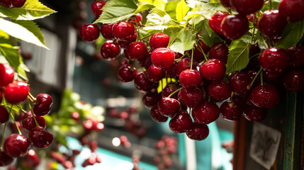 Fototapeta premium Red cherries fruitful on cherry tree fruit picking