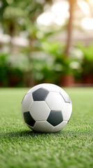 Fototapeta premium A classic black-and-white soccer ball resting on green grass with a blurred outdoor background.