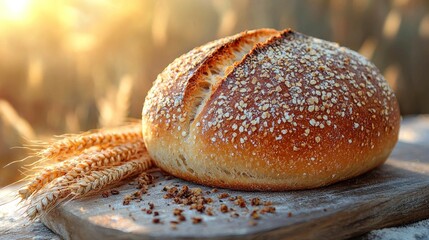 Fresh baked loaf of artisan bread, golden crust, wheat kernels