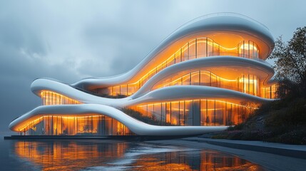 Modern, flowing, white mansion with glowing windows