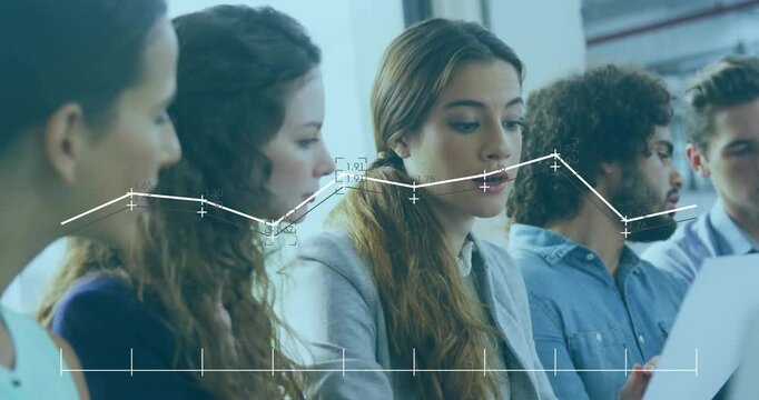 Coworkers reviewing business data sheets in conference room, showing animated line graph overlay