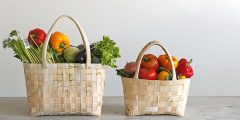 Woven Baskets with Fresh Vegetables and Colorful Peppers on Neutral Background.

