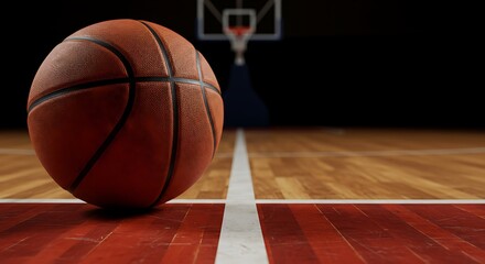 Fototapeta premium Basketball close up on court floor with hoop in the background