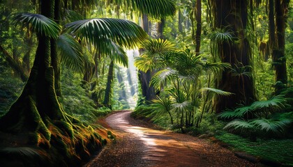 Obraz premium Emerald Jungle Trail A Serene Rainforest Adventure Awaits on This Lush Nature Path. Venture