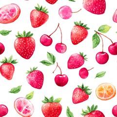 cute watercolor seamless pattern of strawberries and cherries in red and pink tones, hand-drawn fruit design on white background
