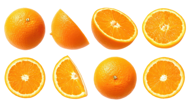 Whole and Sliced Oranges from Multiple Angles Isolated on Transparent Background

