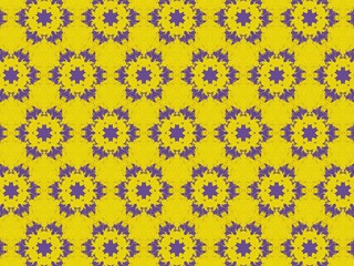 A repeating pattern background.  Purple floral shapes are arranged on a yellow background, creating a symmetrical, textured design.