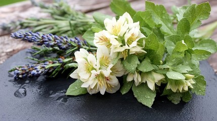 Freshly Cut Lavender and White Flowers with Raindrops on Slate