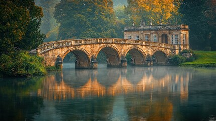 Fototapeta premium Stone bridge over misty river, autumnal colors