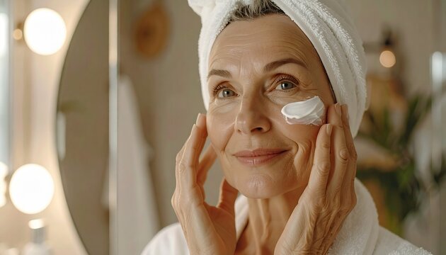 Mulher branca com mais de 50 anos passando creme no rosto 