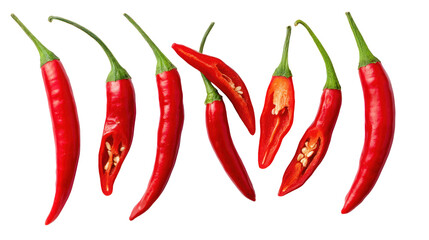 Red Chili Peppers &mdash; Whole and Single Pieces Isolated on Transparent Background

