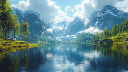 Fototapeta premium Serene mountain lake reflecting a cloudy sky