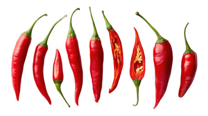 Red Chili Peppers &mdash; Whole and Single Pieces Isolated on Transparent Background

