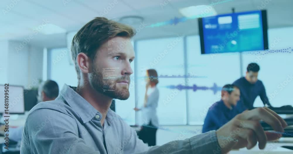 Poster bearded developer working in technology office, with floating code snippets and audio waveform