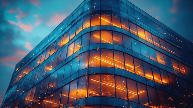 Modern glass building lit at night
