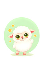 Obraz premium Cute kawaii-style white lamb illustration with green eyes, fluffy fur, and pastel background, perfect for kids content