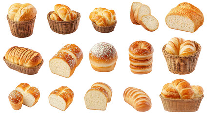 White Bread Bun, Loaf, and Slice Set Isolated on Transparent Background

