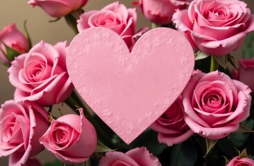 Pink heart-shaped card surrounded by vibrant pink roses, creating a romantic atmosphere, perfect for expressing love and affection on special occasions or celebrations