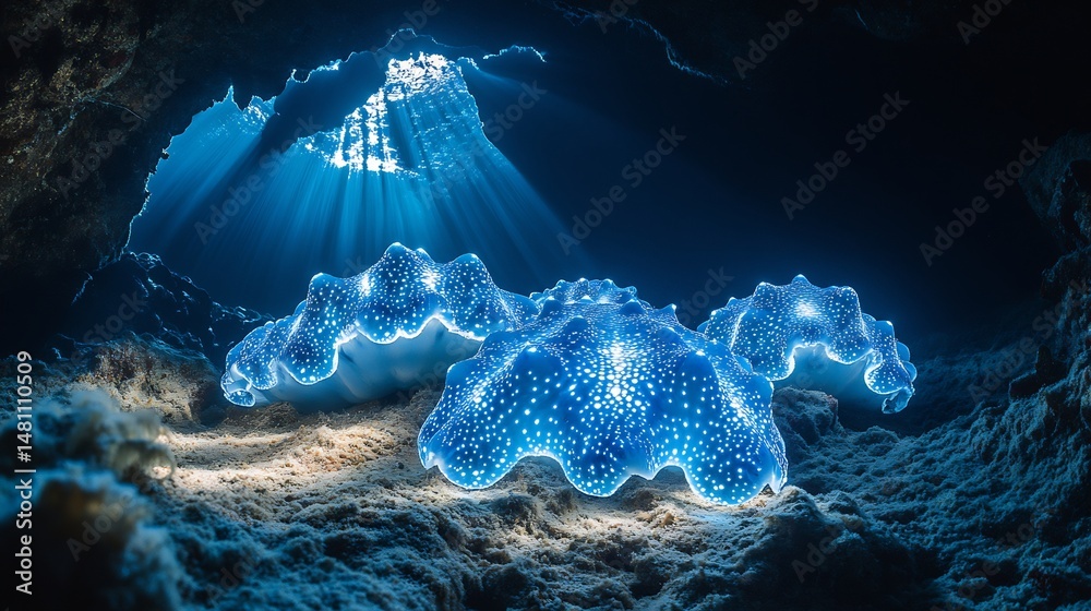 Poster Cluster of bioluminescent sea cucumbers glowing internal light resting on rocky seabed in dark marine canyon