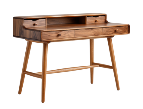 Modern wooden desk with walnut finish and minimalist design featuring multiple drawers and tapered legs for stylish workspace