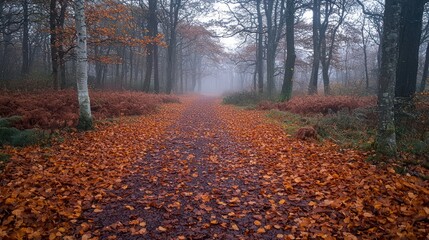 Autumnal path through misty forest