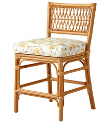 Comfortable bamboo chair with floral cushioned seat and woven backrest, perfect for cozy and natural setting