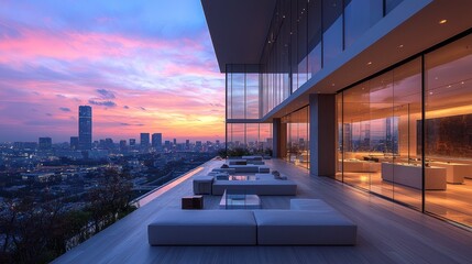 Obraz premium Rooftop terrace with city view at sunset