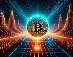 Virtuelle Welt mit schwebender Bitcoin-Münze
