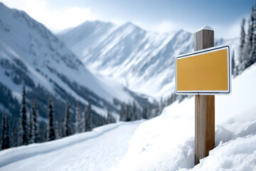 A blank yellow sign stands beside a snowy mountain trail, surrounded by pine trees and snow-covered peaks under a clear blue sky.