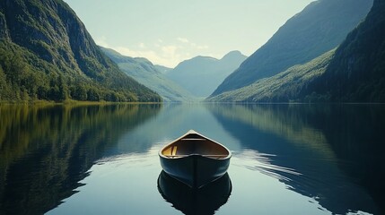 Calm lake, canoe, mountains