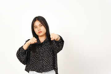 Punching Fist to Fight Of Beautiful Asian Woman Wearing Black Isolated On White Background