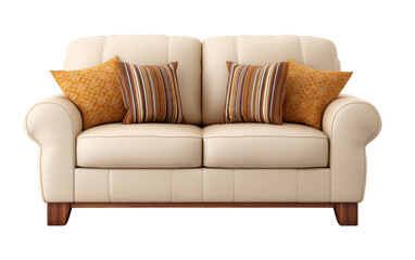 Fototapeta premium Cozy cream colored sofa with soft cushioned seats and four decorative pillows in warm orange and striped patterns for comfort